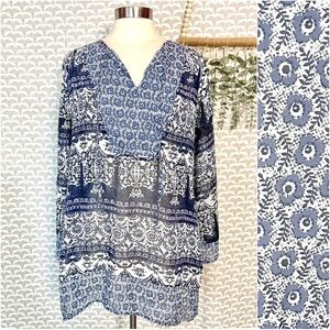 Fig & Flower Blue Floral Paisley Tunic Top Blouse 3/4 Sleeve Bohemian Large